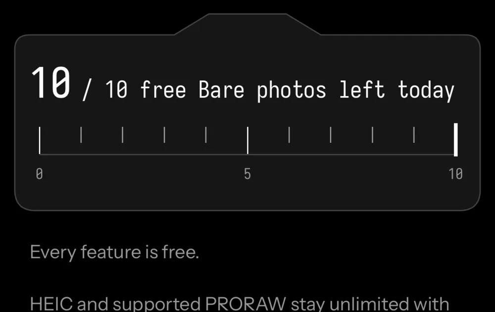 Seenlight allowance card reading 10 of 10 free Bare photos left today, above the lines Every feature is free and HEIC and supported PRORAW stay unlimited.