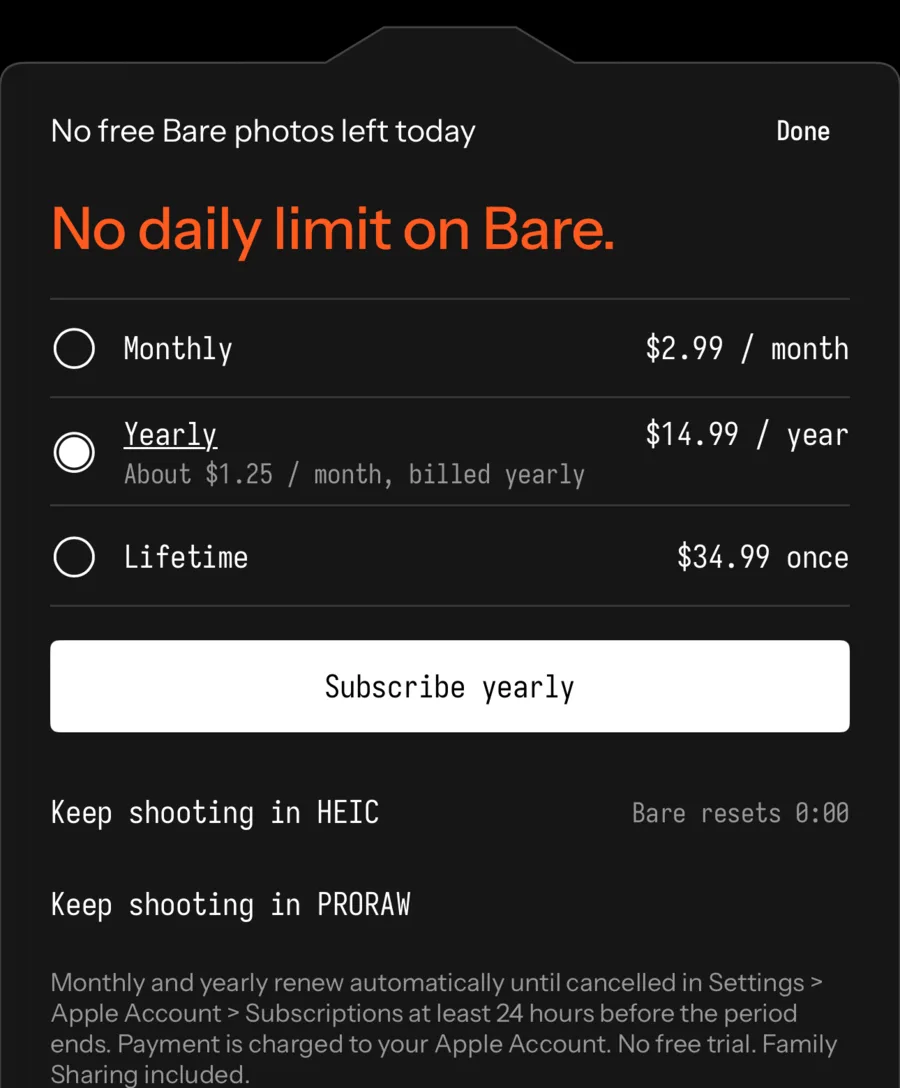 Seenlight limit sheet: No free Bare photos left today. No daily limit on Bare. Monthly $2.99, Yearly $14.99, Lifetime $34.99, Subscribe yearly, and Keep shooting in HEIC or PRORAW.