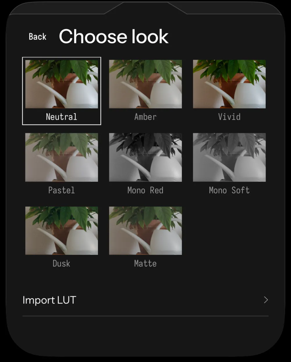 Seenlight look picker with Neutral, Amber, Vivid, Pastel, Mono Red, Mono Soft, Dusk and Matte