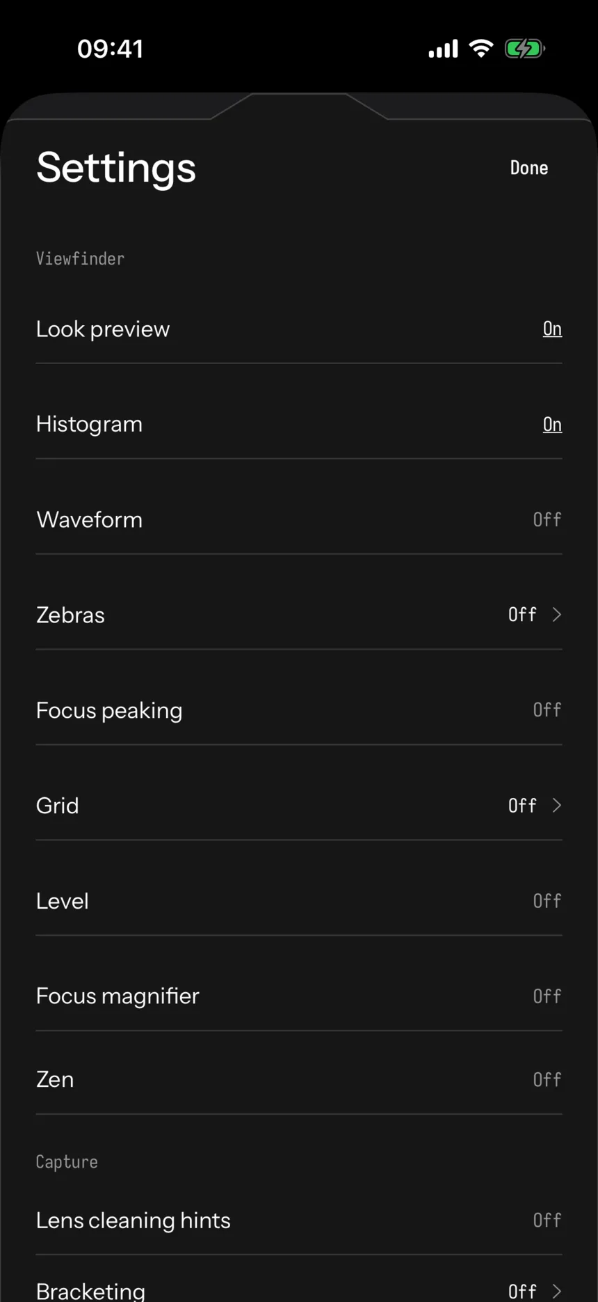 Seenlight settings: look preview, histogram, waveform, zebras, focus peaking, grid, level, focus magnifier and Zen
