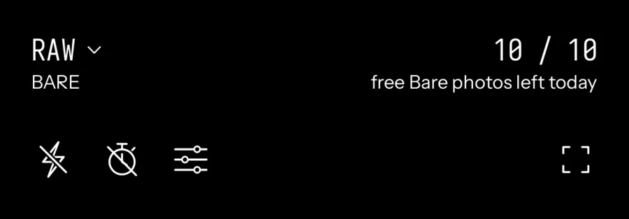 Seenlight capture screen top bar: format menu, BARE mode, 10 of 10 free Bare photos left today